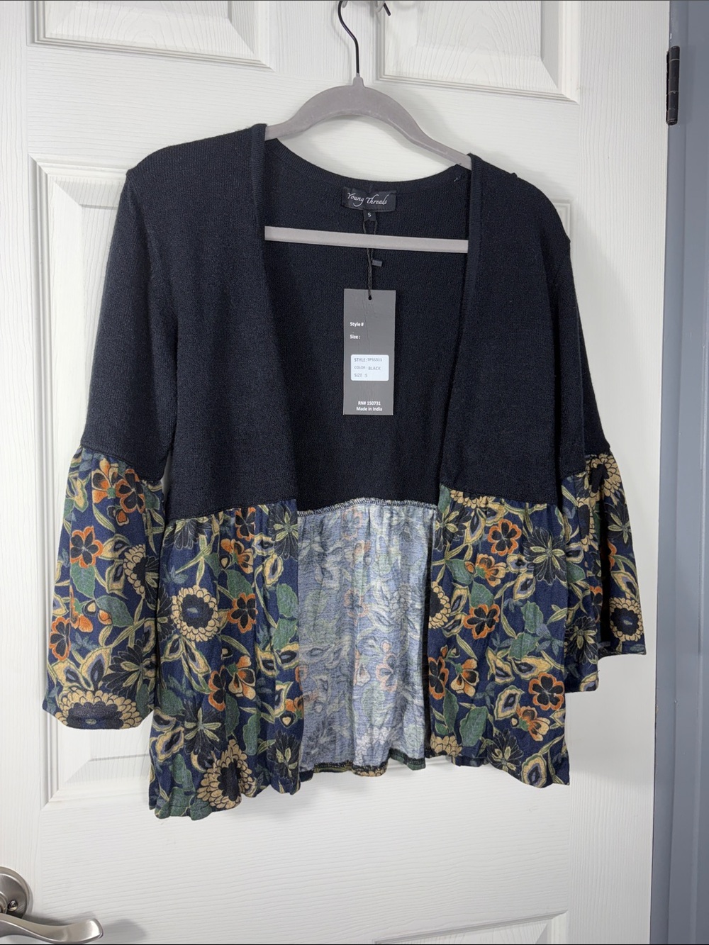 Young Threads - Black Open-Front Cardigan with Navy Floral Trim